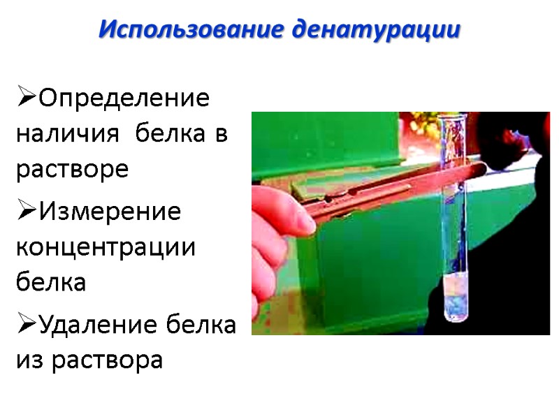 Использование денатурации  Определение наличия  белка в растворе Измерение концентрации белка Удаление белка